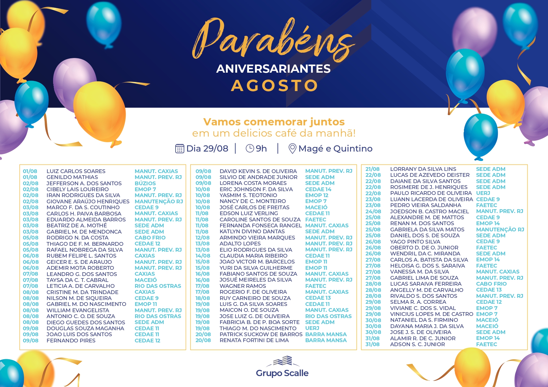 Aniversariantes Agosto - Grupo Scalle